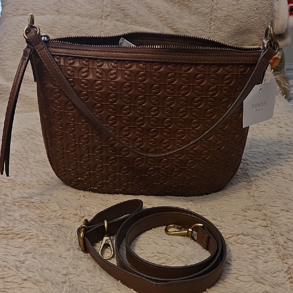 Fossil Brown Embossed Leather Crossbody